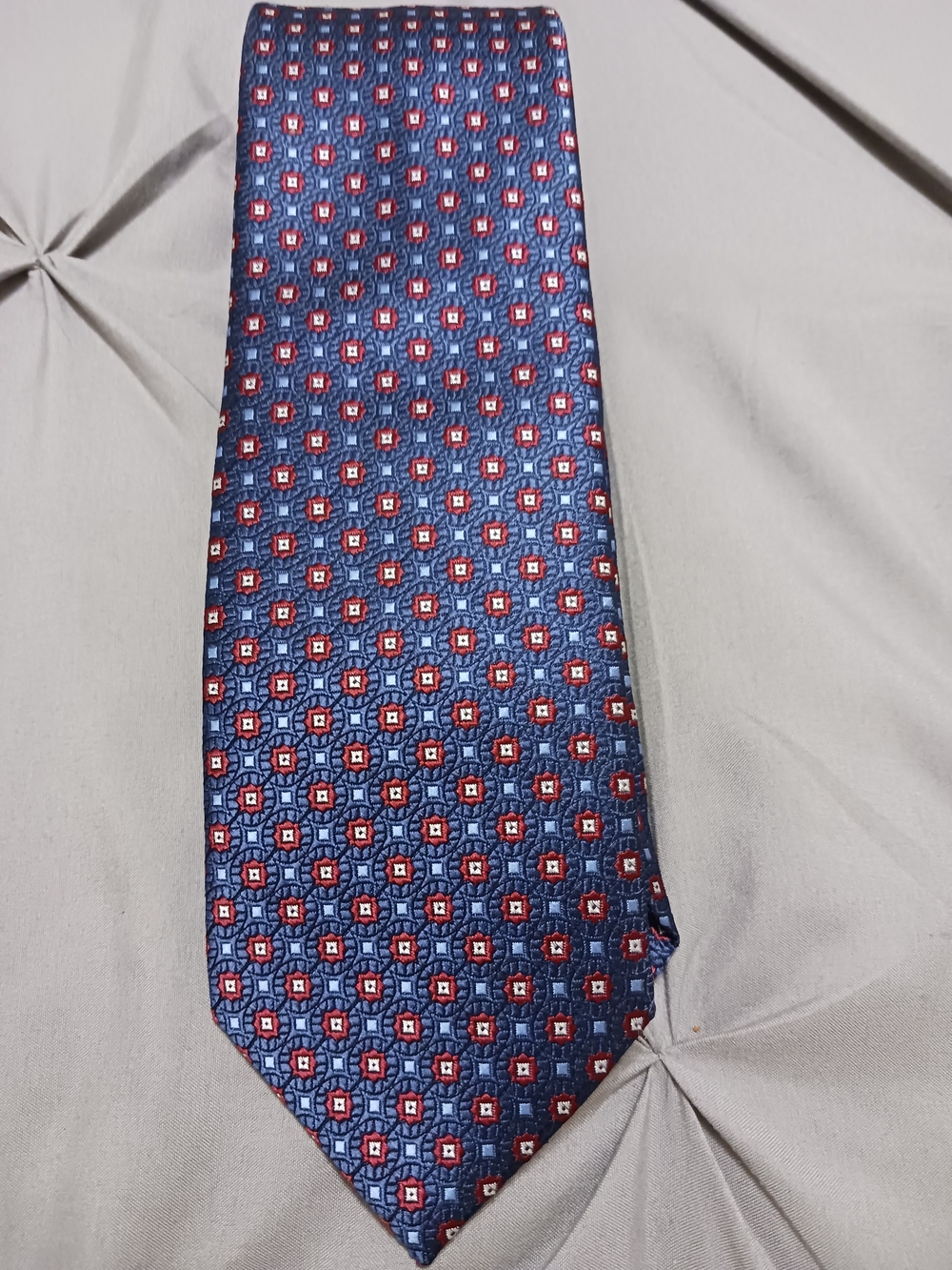 Isaac Mizrahi Blue Tie with Red Geometric Motif
